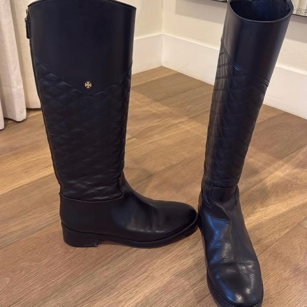 Tory Burch Black Knee Height Quilted Boots